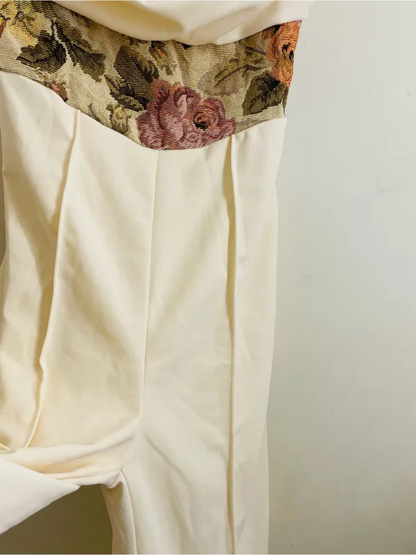 Floral Tapestry Waist Wide Leg Cream Jumpsuit Draped Neck Size M - Image 6