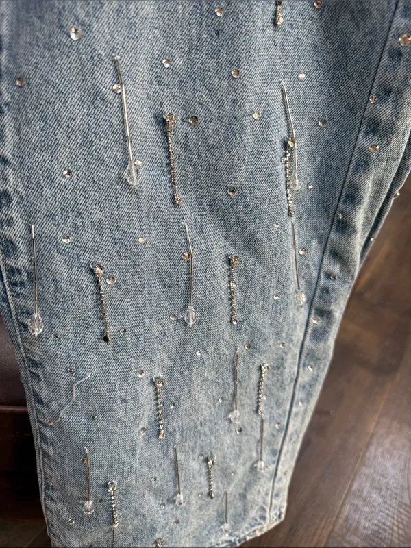 100% Cotton Denim Jeans with Rhinestone Embellishments Light Acid Wash - Image 3