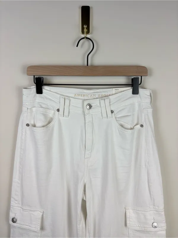 American Eagle Baggy Wide Leg Cargo Jeans White Women’s 6 X-Long Stretch New - Image 4