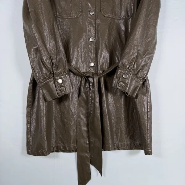 Zara Size-M Womens Mini Dress Green Faux Leather‎ Long Sleeve Belted - Image 11