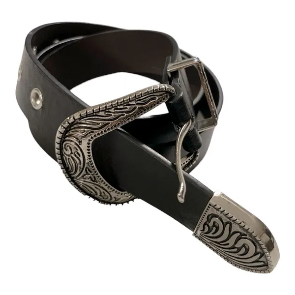 Black Leather Western Engraved Silver Buckle Belt | Size 27 | Boho Cowgirl - Image 5