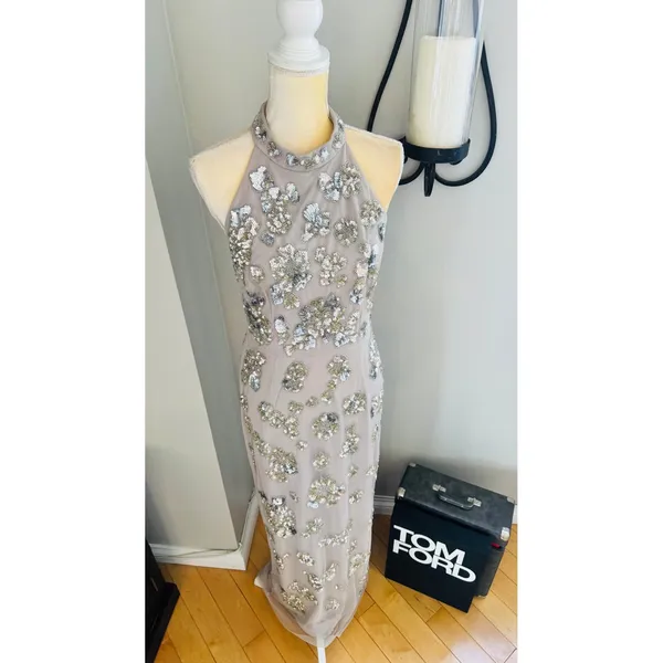 Adrianna Papell Sequin Floral High Neck Column Gown, Size 8, Marble/Mauve,‎ NWT - Image 4
