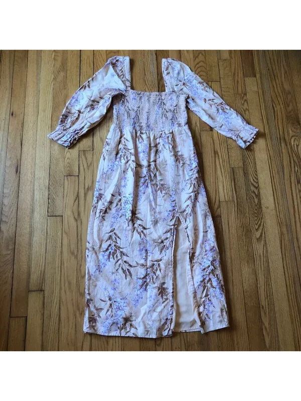 House of Harlow EUC Women's 1960 Linen Smocked Pink Palm Midi Dress Size S - Image 2