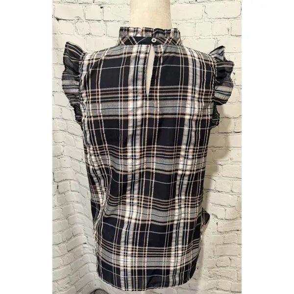 Loft Women's Black Orange & White Plaid Flutter Sleeve Ruffle Top Size Small - Image 4