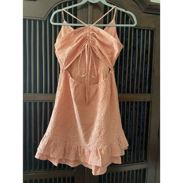 MINKPINK Pink Embroidered Mini Dress Women’s S/M Spaghetti Straps Ruffle Hem - Image 3