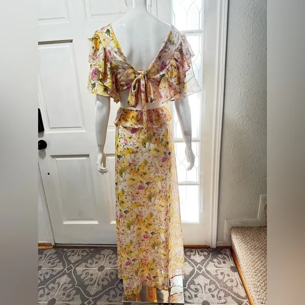 Vici Yellow Ruffle Sheer Maxi Chiffon Floral Maxi Dress Size Large J-51 - Image 11