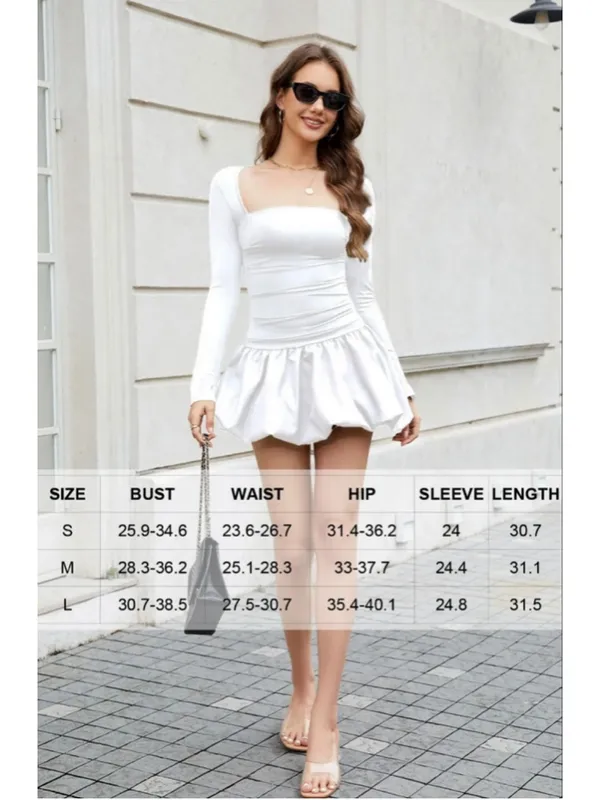NEW White Bubble Mini Dress Long Sleeve Square Neck Backless Puffy Poof Skirt M - Image 3