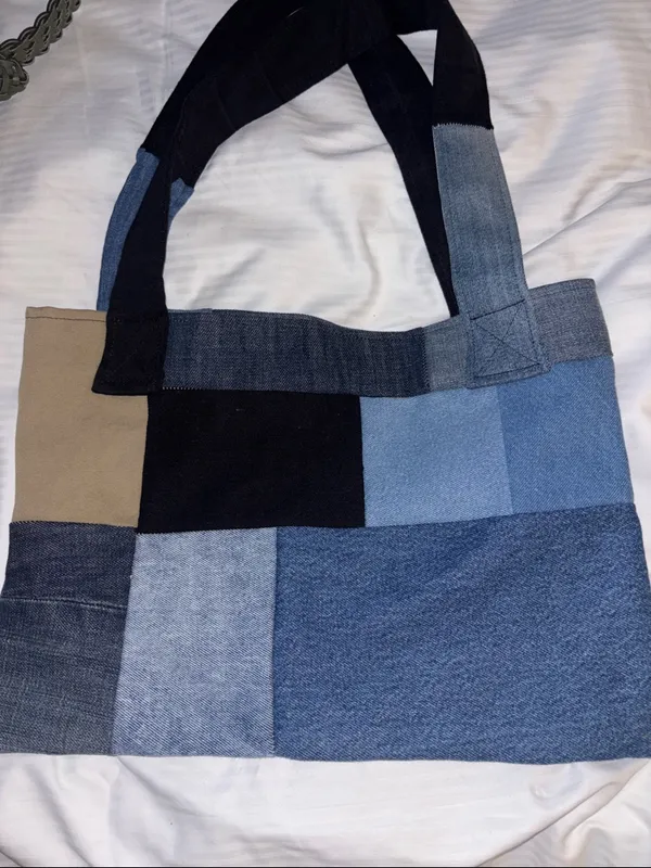 Denim Tote Bag Made Up Of All Different Swatches Of Denim Pocket On The Outside - Image 3