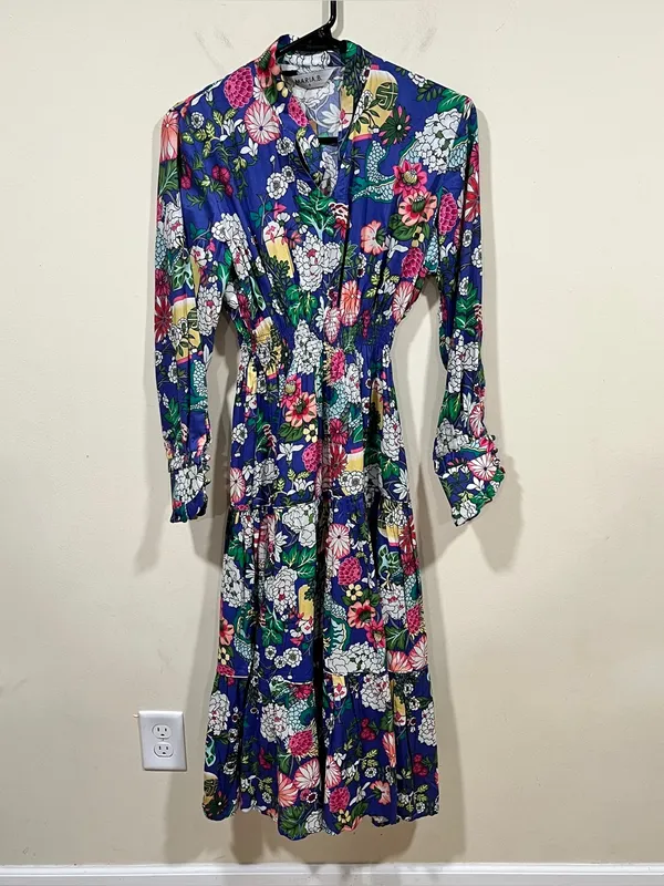 Maria B digital printed floral shirt dress boho smocked waist tiered S NWT - Image 5