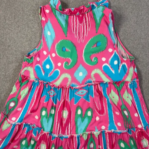 Crown & Ivy Women's Medium Ikat Tiered Ruffle V-Neck Sleeveless Dress Pink Blue - Image 9