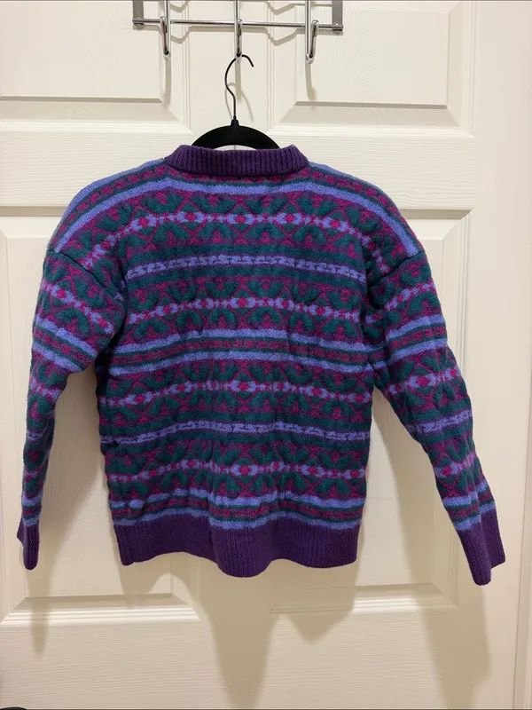Vintage Top Notch Knits 100% Wool Handcrafted Fair Isle Sweater Purple Teal - Image 3