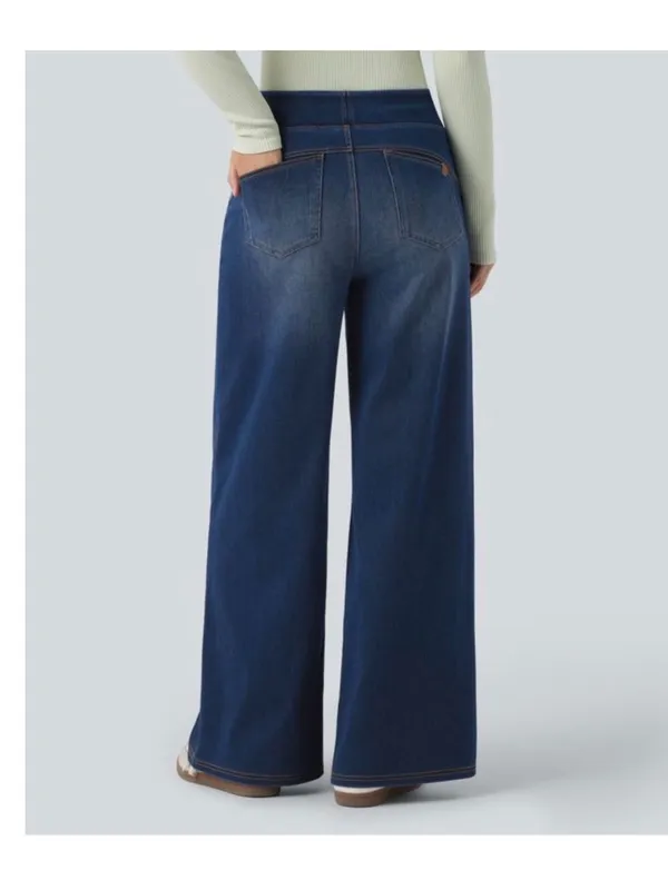 Halara L Denim Wide-Leg Pants Stretch Waist Large Blue Cotton Blend - Image 7