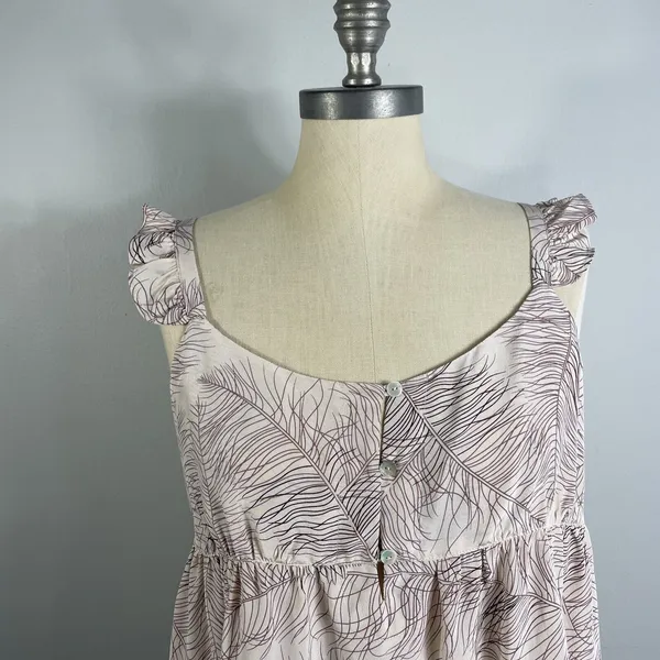 Joie Women M Silk Baby Doll Tank Top Pink Feather Print Cami 1/4 Buttons Ruffles - Image 2