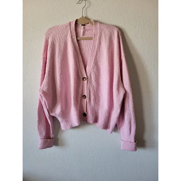 FREE PEOPLE Women’s Cardigan Pink Oversized Vneck Knit Boho Size M - Image 3