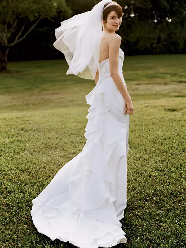 David's Bridal White Strapless Satin Bridal Dress - Image 4