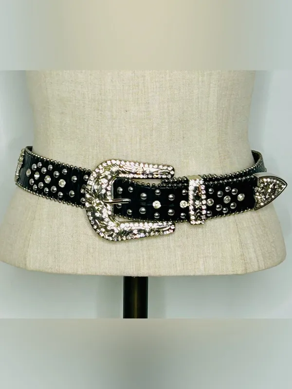 Western Black Leather Belt with Crystal Studded Rhinestones, Engraved Buckke - Image 4