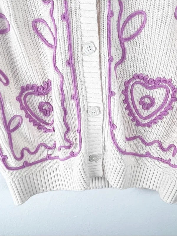 SHOP THE CHIC GIRL Cream Pink Embroidery Button V-Neck Cardigan Medium Preppy - Image 10