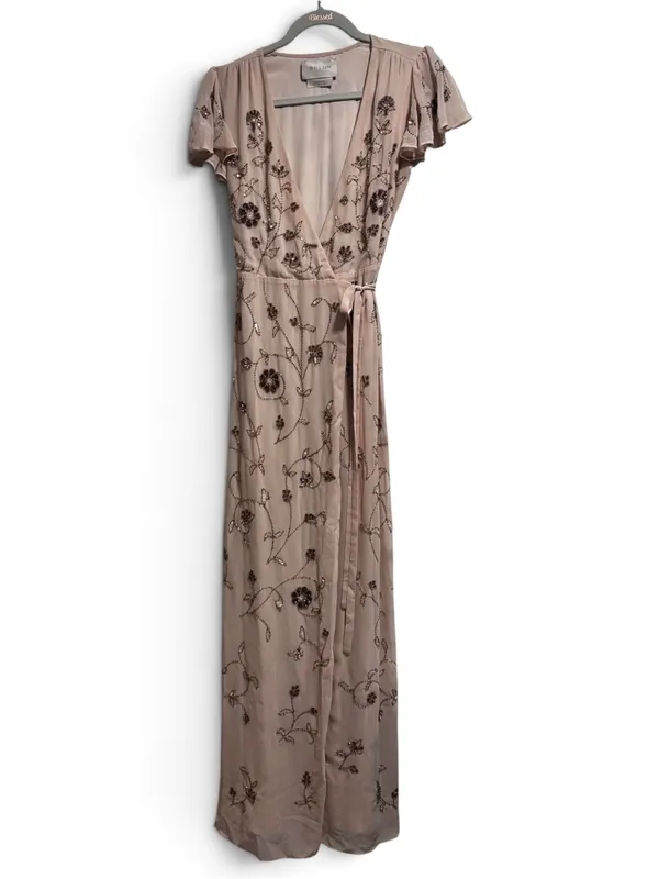 BHLDN Anthropologie Plymouth Floral Beaded Blush Maxi Wrap Dress | Size 4 - Image 3