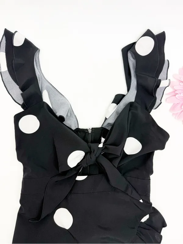 SNDYS. Morocco Mini Dress Black White Polka Dot Front Tie Cutout - Image 7