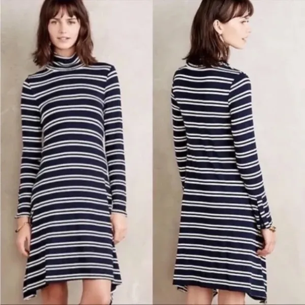 Anthropologie MAEVE Navy Blue White Striped Turtleneck‎ Jersey Knit Dress Small - Image 10