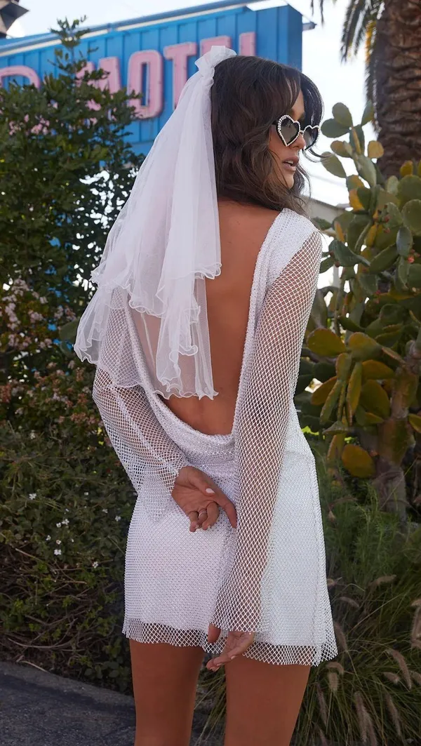 Anna White Rhinestone Mesh Mini Dress - Image 2