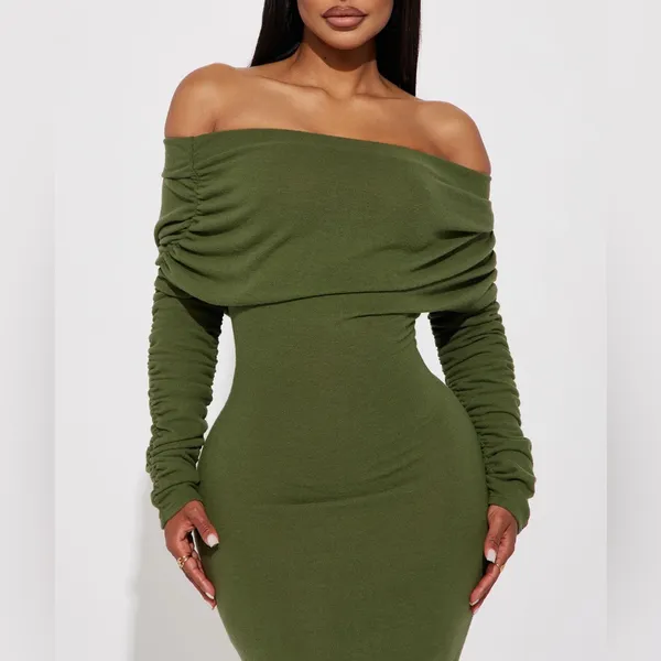Off Shoulder Sweater Maxi Dress - Green/2X - 18/20 - Image 4