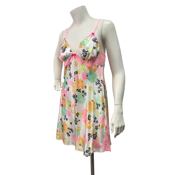 Victoria Secret M Floral Satin Lace Trim Slip Dress Lingerie Babydoll Cottage‎ - Image 6