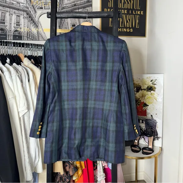 Lauren Ralph Lauren 10 Blue Green Tartan Plaid Linen Blazer Gold Crest Buttons - Image 6