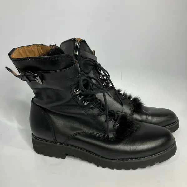 Franco Sarto canon black leather‎ combat boots faux fur trim women's size 8 - Image 2