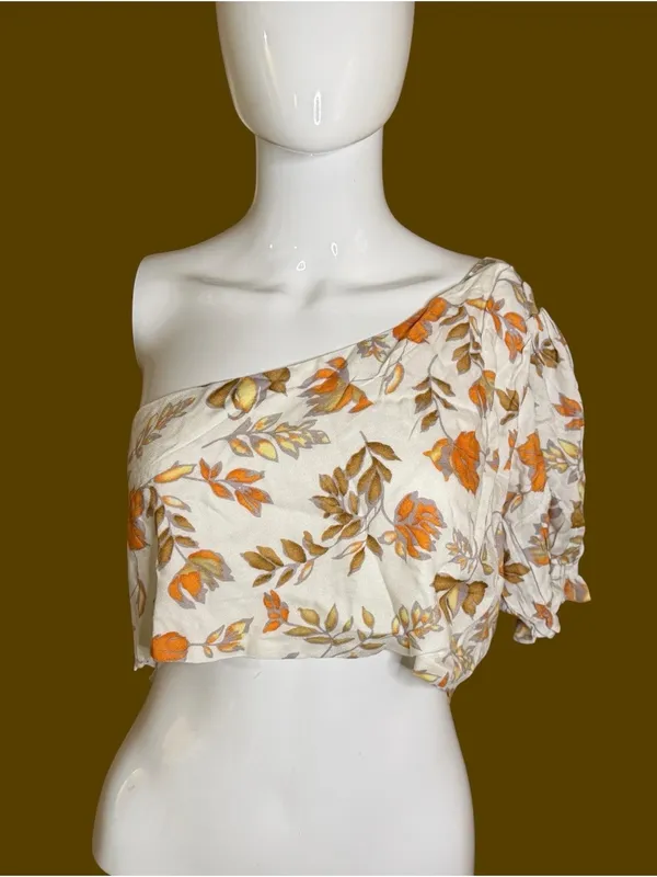 Petal & Pup One-Shoulder Floral Crop Top in Cream and Orange - Image 2