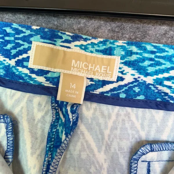 MICHAEL KORS Women’s Pants 14 Blue Ikat Print Straight Leg Stretch Zip Pockets‎ - Image 3