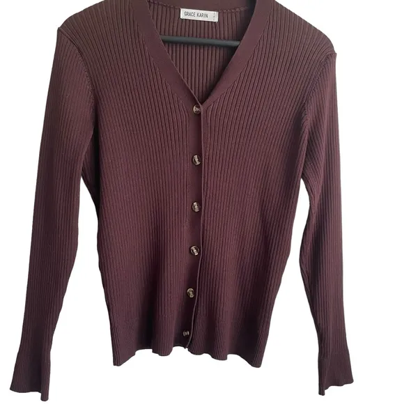 Grace Karin Women Cardigan Sweater L Brown Ribbed Fitted Preppy Academia‎ Office - Image 3