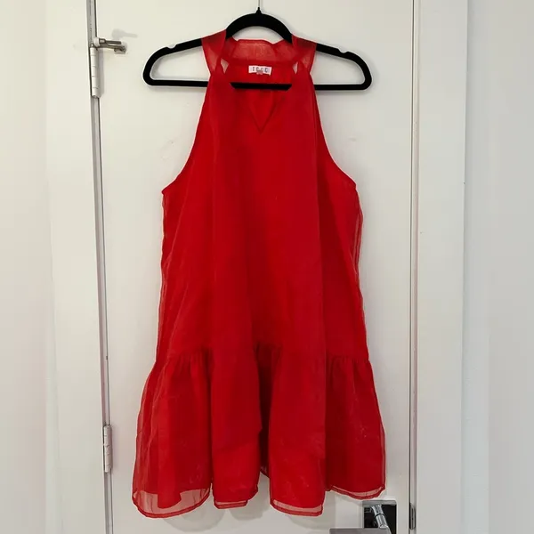 The Clothing Exchange Red Chiffon Dress with Tie Neck - Image 2