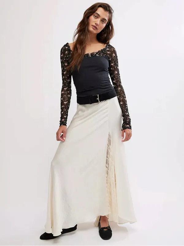 Free People Dainty Coquette Scoop Neck Josie Long Lace Sleeve Top Black Large - Image 6