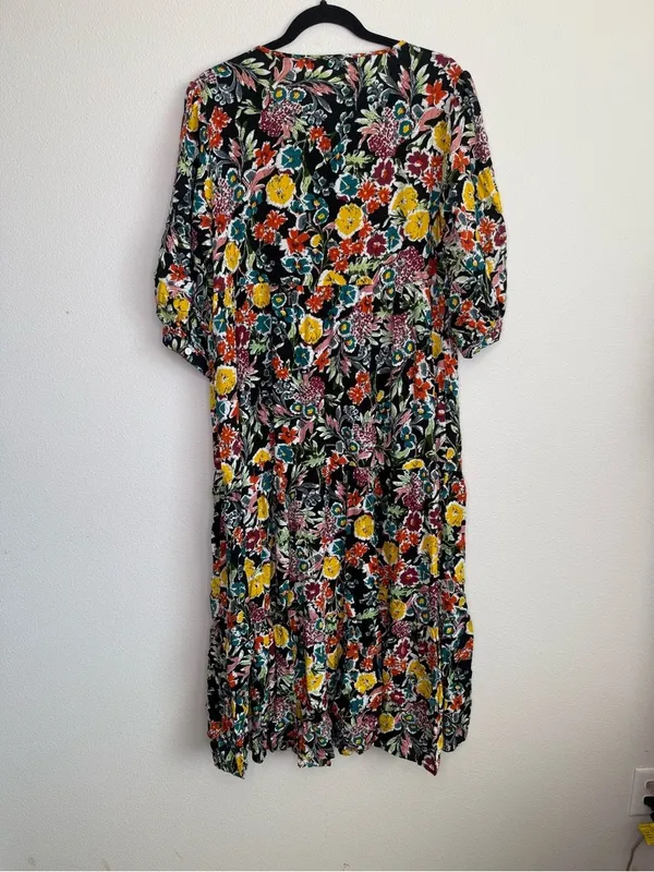 Natural Life Dress Sage V Neck Maxi Tiered Black floral Red Multi Yellow Accents - Image 6