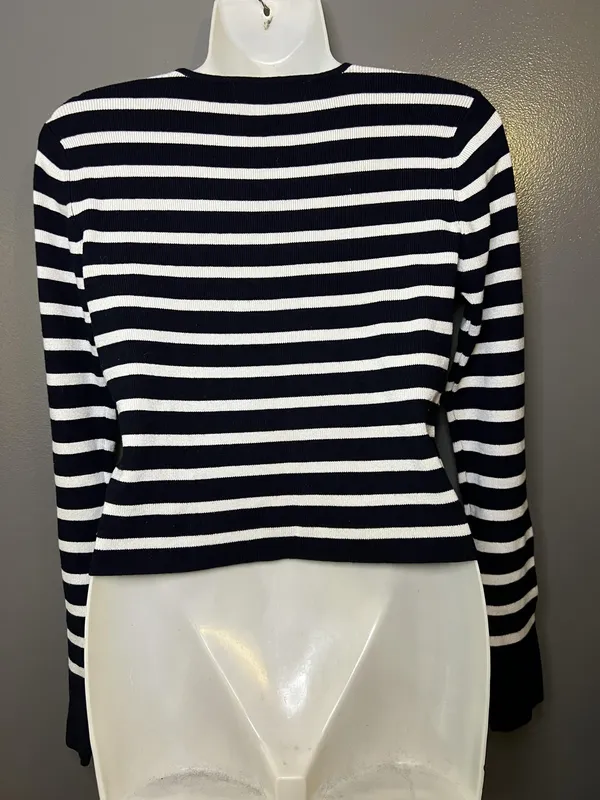 Zara Sweater Womens Large Blue White Striped Crew Neck Long Sleeve Knit Pullover - Image 5