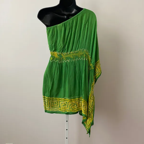 Fashion Terminal Cotton Boho Beachy Relaxed One Shoulder Kaftan Tunic Free Green - Image 5