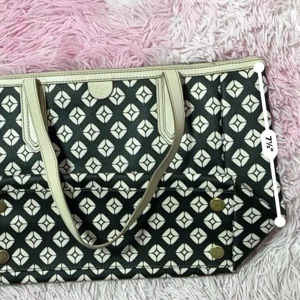 Fossil Tote Bag‎ Black White Geometric Print Coated Canvas Purse Handbag - Image 5