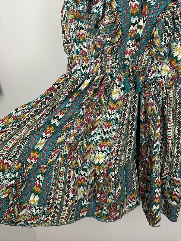 Boemo Ruffle Hem Mini Aztec Geometric Print Dress Flutter Sleeve Size Large NWT - Image 10