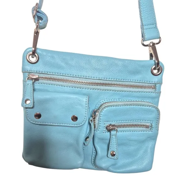 Fossil Light Blue Cowhide Leather Crossbody Bag Pockets Zipper Closure - Image 2