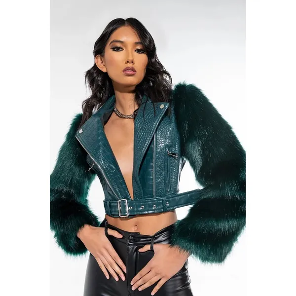 AZALEA WANG Nolla Faux Fur Arms Croc Moto Jacket Jade Green Vegan Leather Medium - Image 4