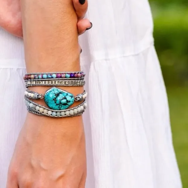 Handmade Bohemian Beaded and Faux Turquoise Healing Wrap Bracelet - Image 5