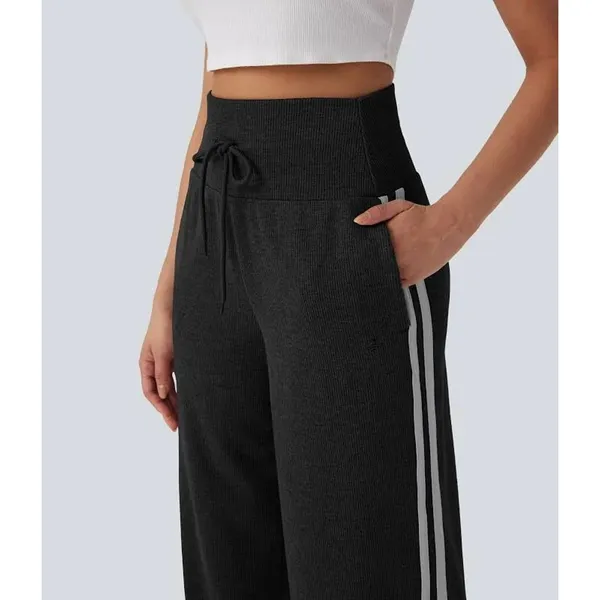 Halara Ribbed High Waisted Tummy Control Drawstring Wide Leg Trousers Black S - Image 3