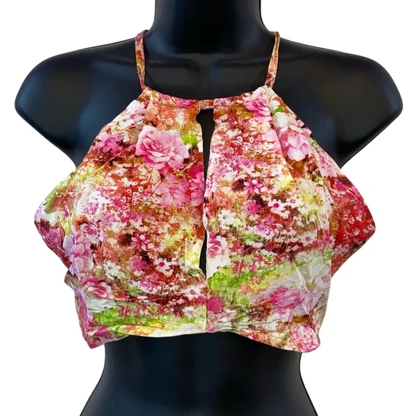 Solaris Style Floral Halter Crop‎ Top Large Keyhole Front Boho - Image 2