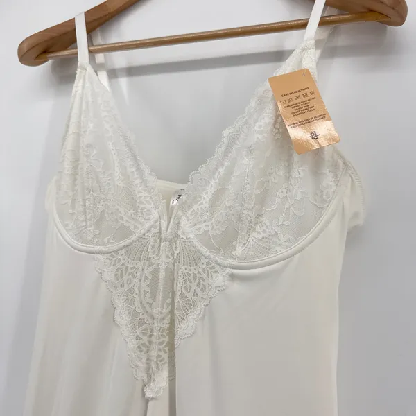 Popilush Built-In Shapewear Slip Dress Women XXL Ivory NEW Lace Trim‎ Maxi Slit - Image 6