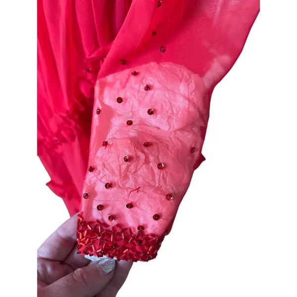 Vintage Red Ruffle & Crystal Embellished Long Sheer Dress Size Small - Image 3