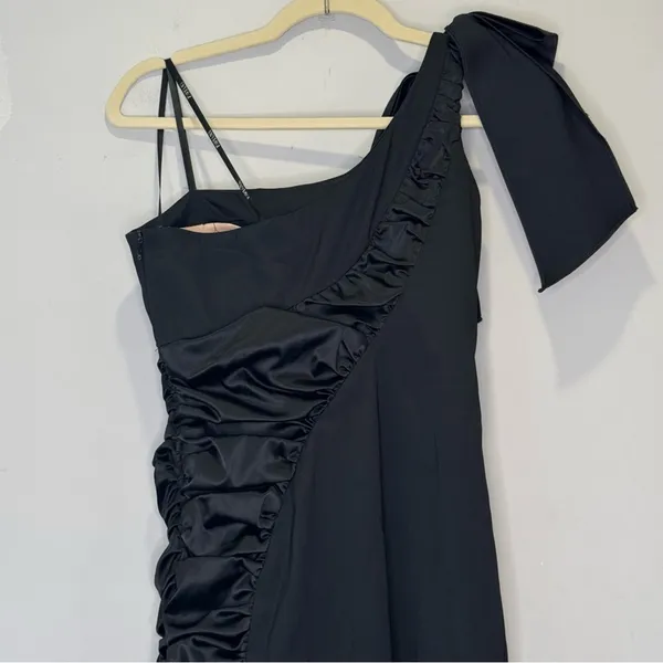 🍁 Faviana One Shoulder Bow Ruffle Stretch Mini Cocktail Party‎ Dress Sz 0 Black - Image 9