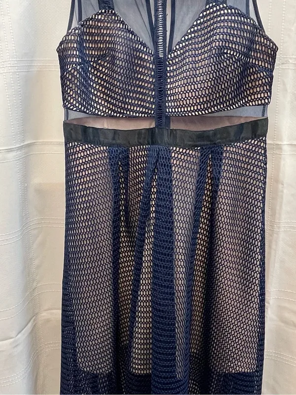 L'ATISTE L Navy Blue Wedding Guest Sheer Mesh Illusion Midi Dress Self Portrait - Image 4