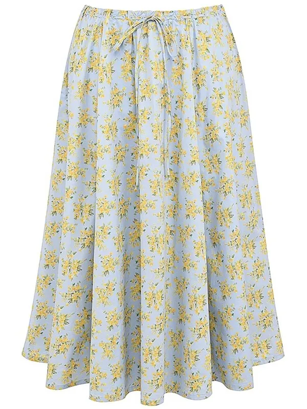 House of CB Cora Gathered Lace-Up Cotton Midi Skirt Soft Blue Vintage Floral - Image 3