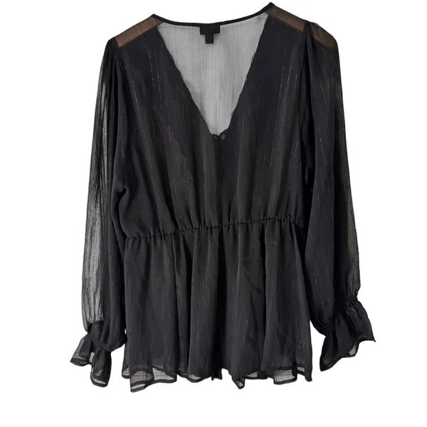 Torrid Black Sheer Long Sleeve Blouse V Neck‎ Peplum Tassel Tie Plus Size - Image 8